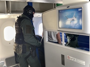 Funkcjonariusz GIS wyprowadza z pokładu samolotu pasażera Funkcjonariusz GIS wyprowadza z pokładu samolotu pasażera