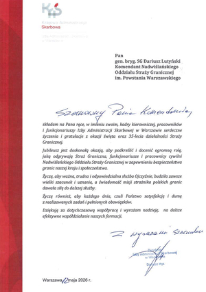 Wyrazy uznania z okazji 35. rocznicy utworzenia Straży Granicznej. Wyrazy uznania z okazji 35. rocznicy utworzenia Straży Granicznej.